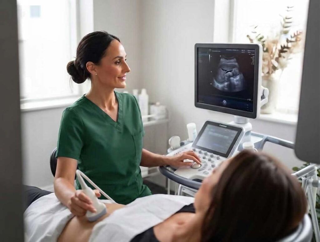 Andrea Drackett in green scrubs, performing a private ultrasound scan on a patient in a calm clinic room at The Watermill Clinic, with the ultrasound image displayed on the monitor.