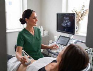 Andrea Drackett in green scrubs, performing a private ultrasound scan on a patient in a calm clinic room at The Watermill Clinic, with the ultrasound image displayed on the monitor.