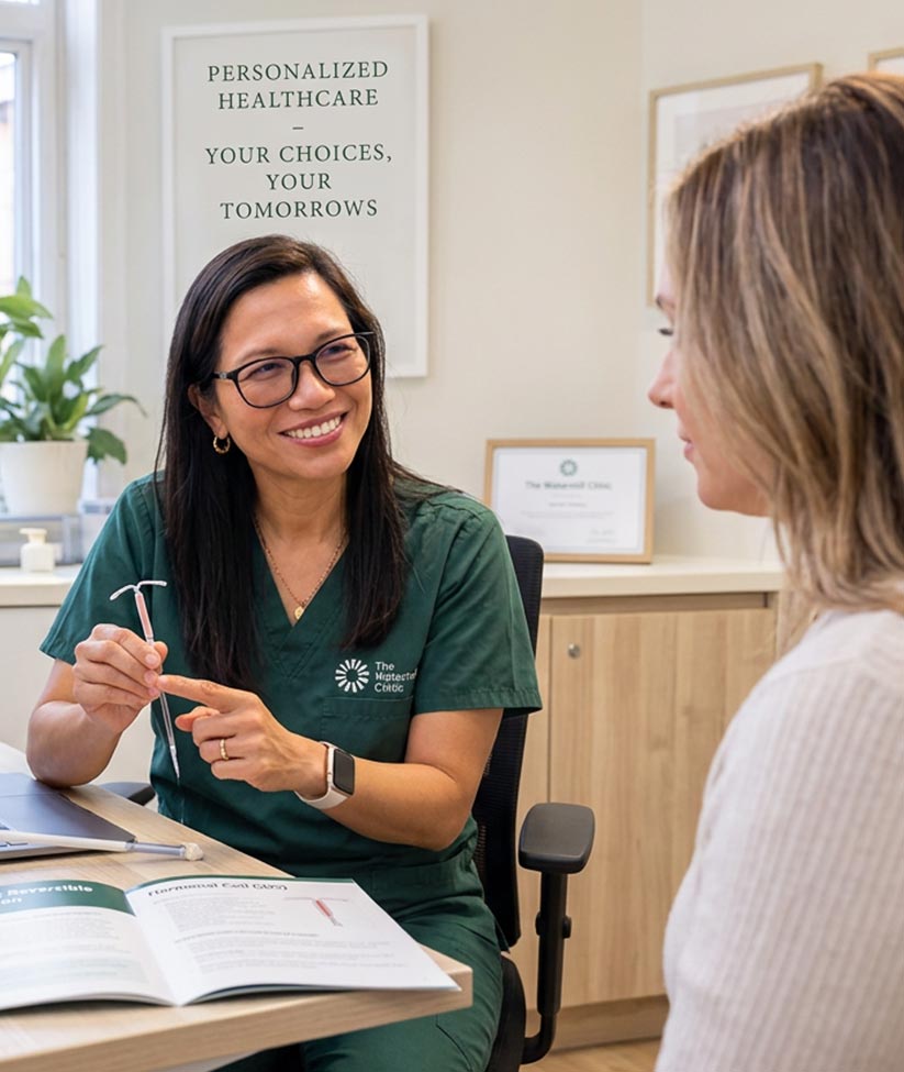 Discussing a hormonal coil during a contraceptive consultation at The Watermill Clinic, Wickham